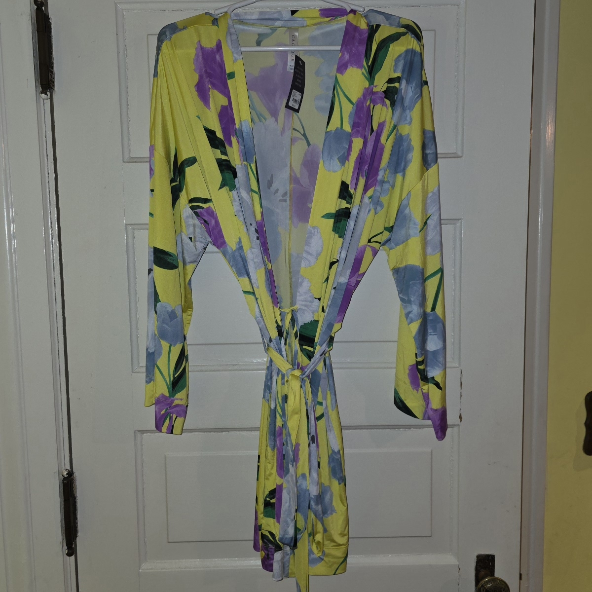 Cacique Yellow Floral Long Sleeve Wrap Dress With Purple & Blue Blooms